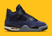 Sneakers Air Jordan 4 Retro Lakers GS violettes et jaunes en cuir premium avec grilles mesh et amorti Air visible