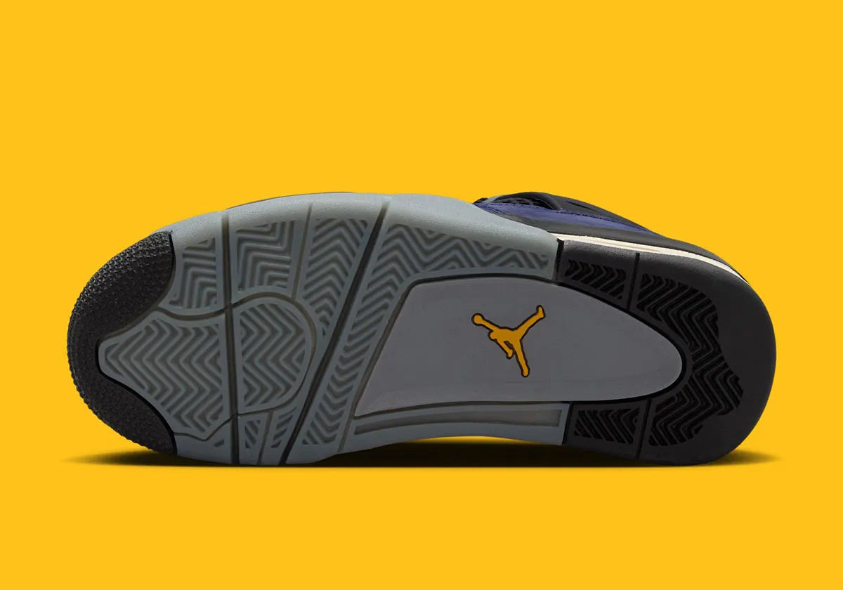 Sneakers Air Jordan 4 Retro Lakers GS violettes et jaunes en cuir premium avec grilles mesh et amorti Air visible