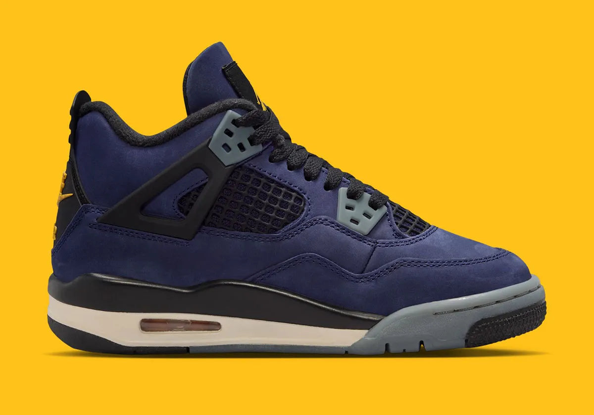 Sneakers Air Jordan 4 Retro Lakers GS violettes et jaunes en cuir premium avec grilles mesh et amorti Air visible