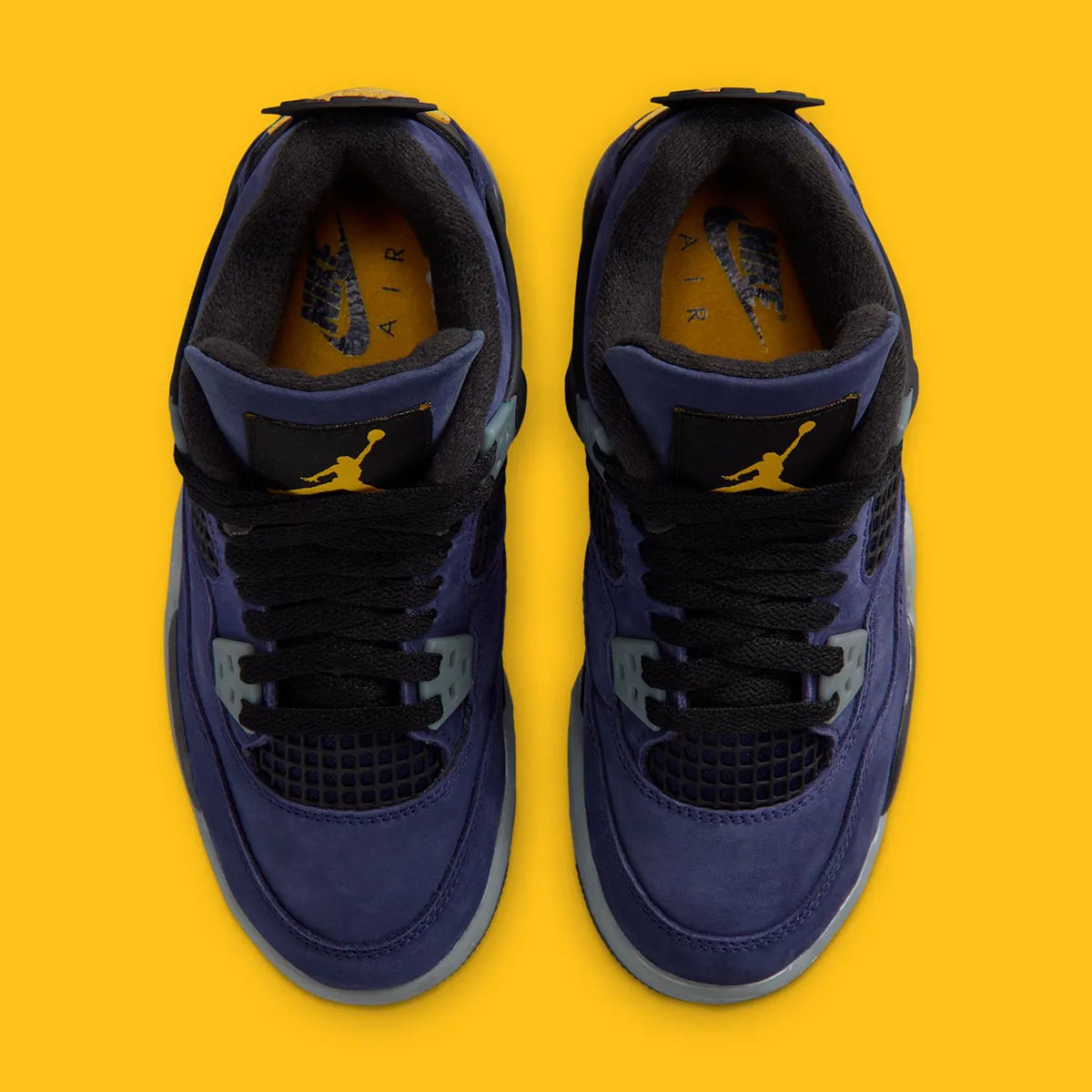 Sneakers Air Jordan 4 Retro Lakers GS violettes et jaunes en cuir premium avec grilles mesh et amorti Air visible