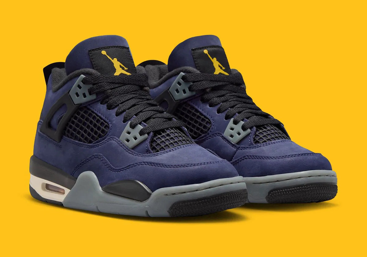 Sneakers Air Jordan 4 Retro Lakers GS violettes et jaunes en cuir premium avec grilles mesh et amorti Air visible