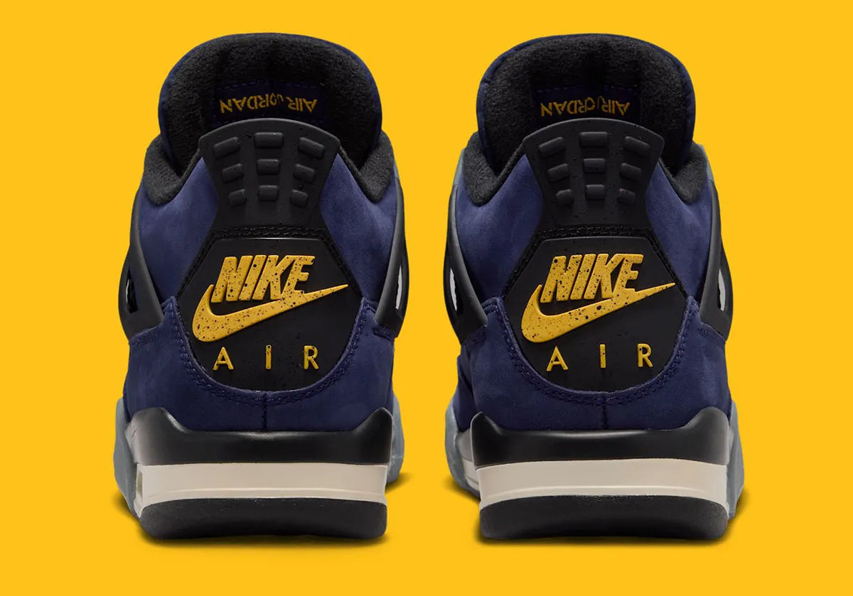 Sneakers Air Jordan 4 Retro Lakers GS violettes et jaunes en cuir premium avec grilles mesh et amorti Air visible