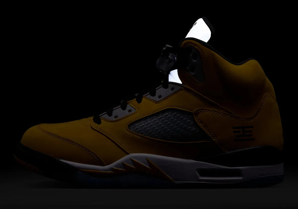 Sneakers Air Jordan 5 Tokyo T23 2025 jaunes en nubuck premium avec détails exclusifs, languette réfléchissante et amorti Air
