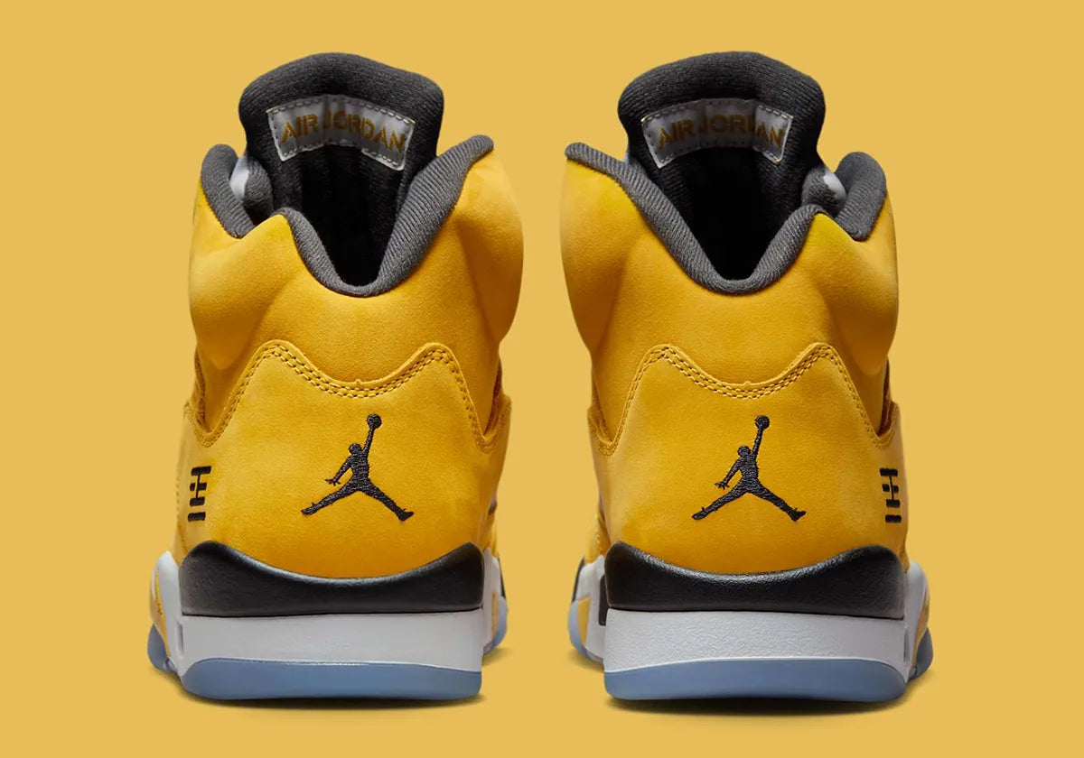 Sneakers Air Jordan 5 Tokyo T23 2025 jaunes en nubuck premium avec détails exclusifs, languette réfléchissante et amorti Air