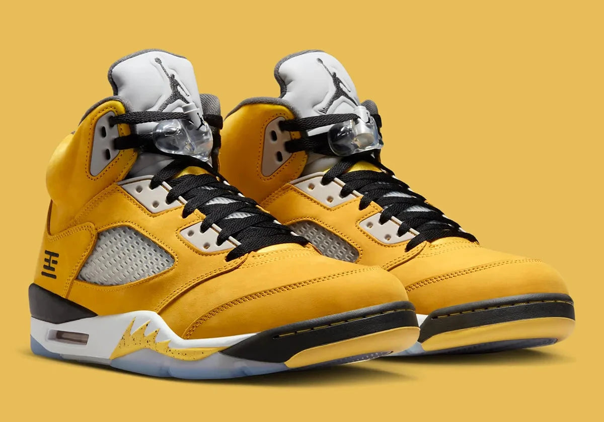 Sneakers Air Jordan 5 Tokyo T23 2025 jaunes en nubuck premium avec détails exclusifs, languette réfléchissante et amorti Air