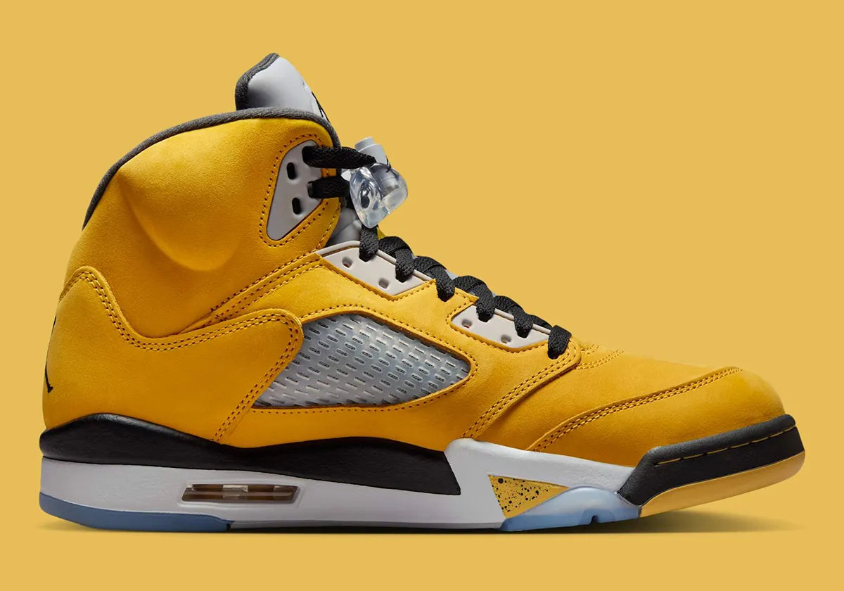 Sneakers Air Jordan 5 Tokyo T23 2025 jaunes en nubuck premium avec détails exclusifs, languette réfléchissante et amorti Air