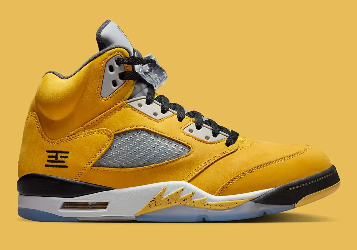 Sneakers Air Jordan 5 Tokyo T23 2025 jaunes en nubuck premium avec détails exclusifs, languette réfléchissante et amorti Air