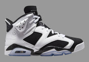 Air Jordan 6 Retro Oreo 2026, sneaker Jordan 6 noire et blanche au coloris Oreo avec unité Nike Air visible et silhouette basketball rétro vue de profil. 