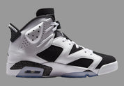 Air Jordan 6 Retro Oreo 2026, sneaker Jordan 6 noire et blanche au coloris Oreo avec unité Nike Air visible et silhouette basketball rétro vue de profil intérieur. 