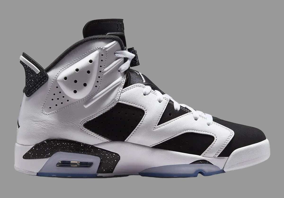 Air Jordan 6 Retro Oreo 2026, sneaker Jordan 6 noire et blanche au coloris Oreo avec unité Nike Air visible et silhouette basketball rétro vue de profil intérieur. 