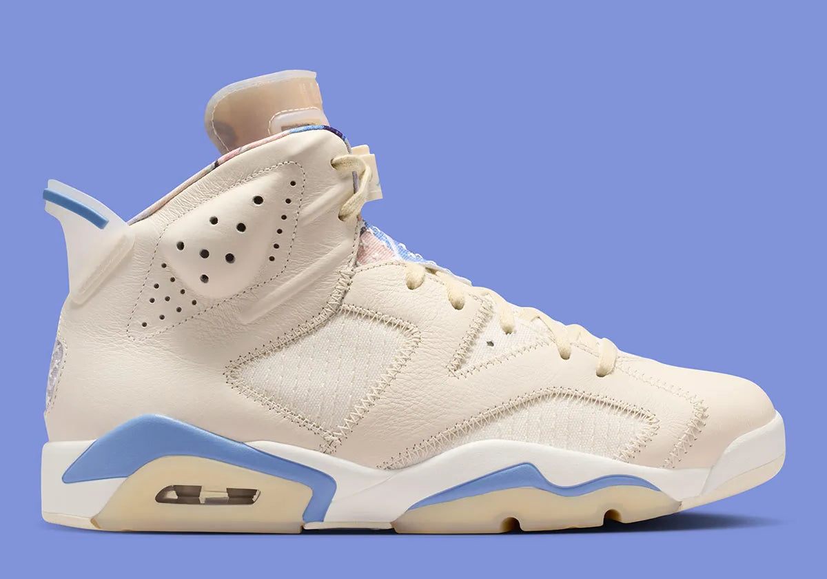 Air Jordan 6 Retro Sashiko IR7255-110 en Pale Ivory et Work Blue avec empiècements textile, coutures décoratives et détails multicolores.