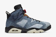 Air Jordan 6 Retro Washed Denim CT5350-401 en denim bleu délavé avec détails Varsity Red, empiècements en cuir et semelle translucide.