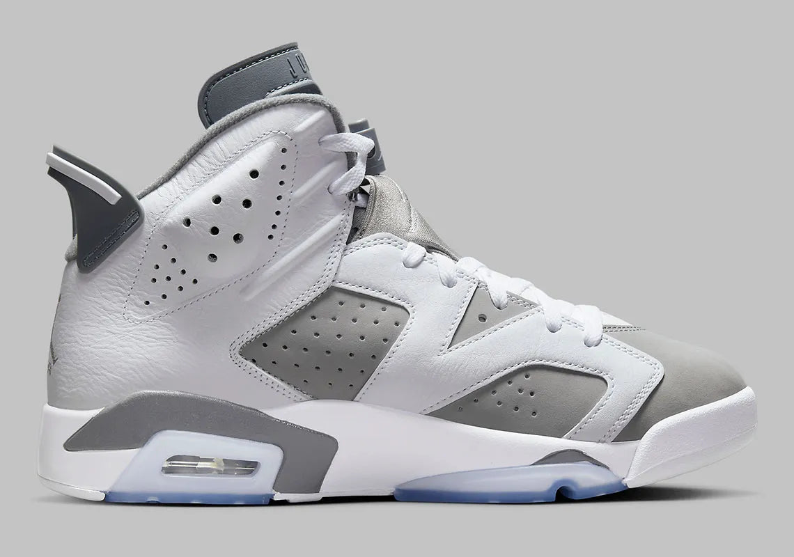 Air Jordan 6 Retro Cool Grey CT8529-100 en cuir blanc et nubuck gris avec lace lock gris, détails Cool Grey et semelle translucide bleu glacé.