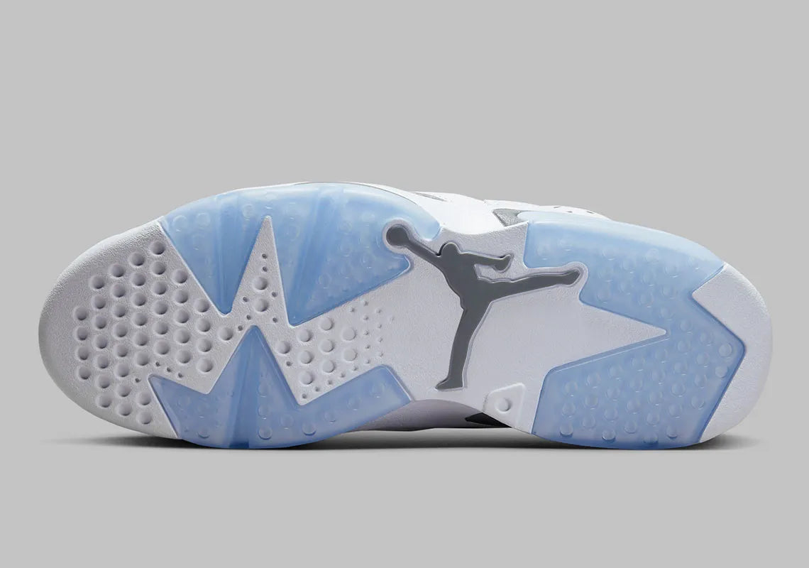 Air Jordan 6 Retro Cool Grey CT8529-100 en cuir blanc et nubuck gris avec lace lock gris, détails Cool Grey et semelle translucide bleu glacé.