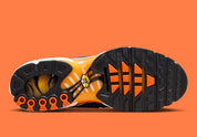Nike Air Max Plus Syracuse bleu marine avec cage TPU gris argenté, Swoosh orange et unités Tuned Air visibles vue de dessous. 