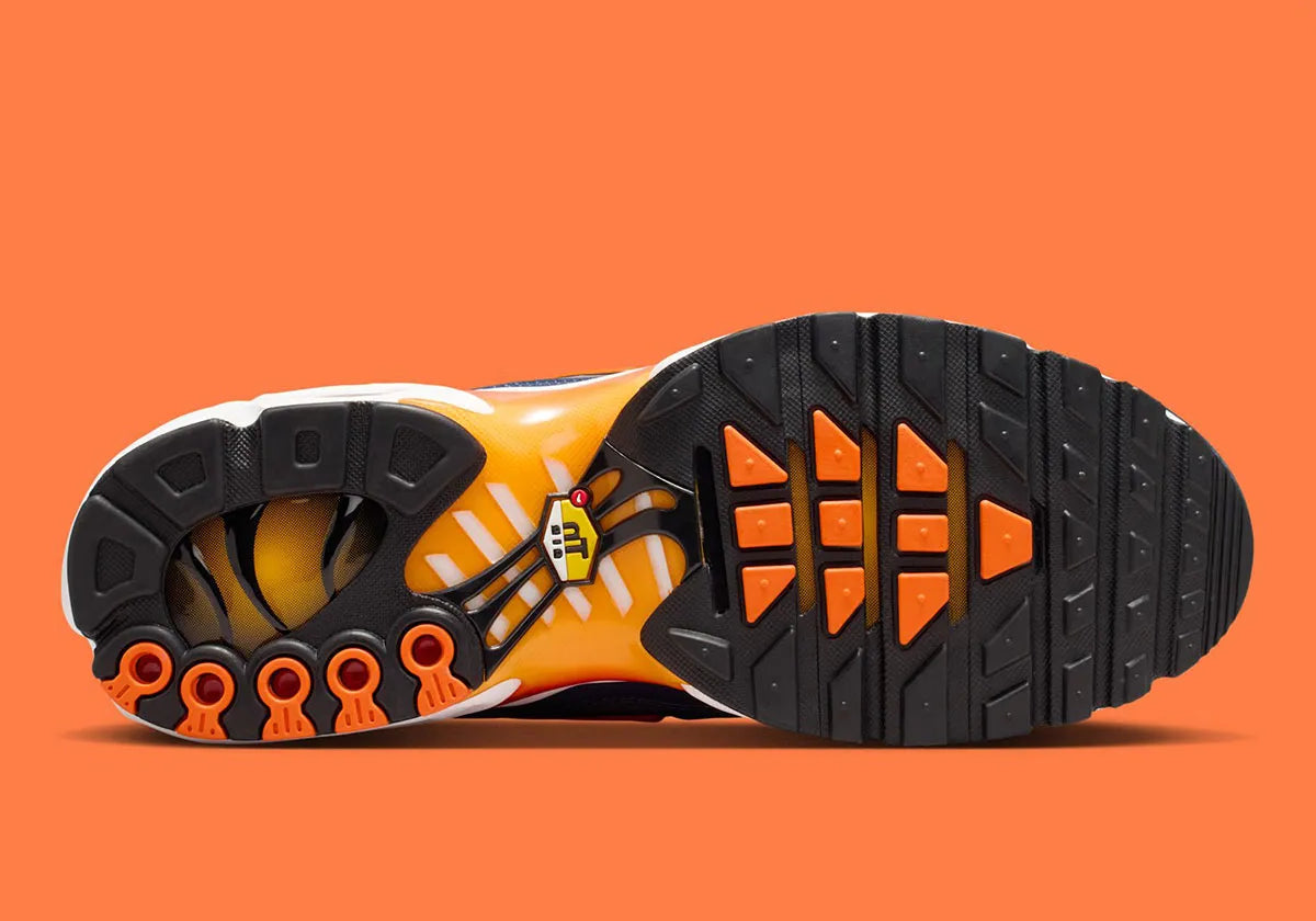 Nike Air Max Plus Syracuse bleu marine avec cage TPU gris argenté, Swoosh orange et unités Tuned Air visibles vue de dessous. 