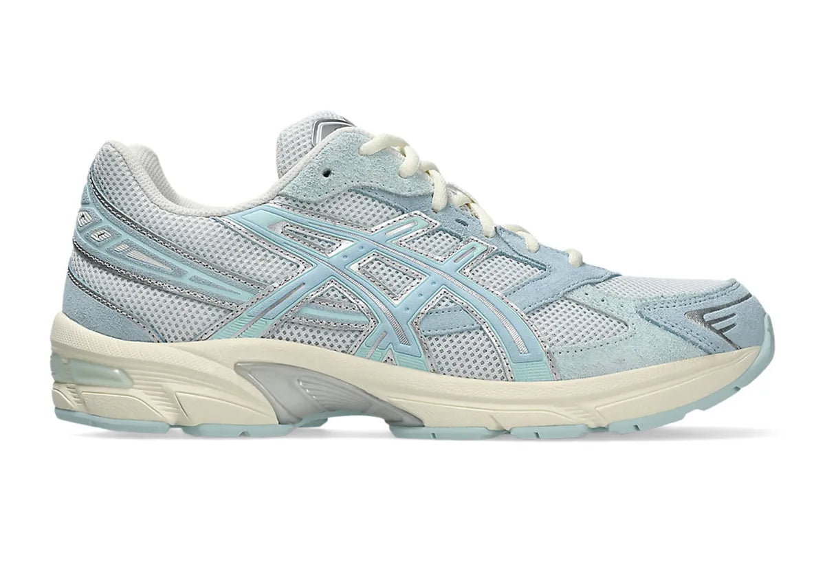 chaussure de running ASICS GEL BLEU CIEL ETE, blanc, semelle légère, vue de profil