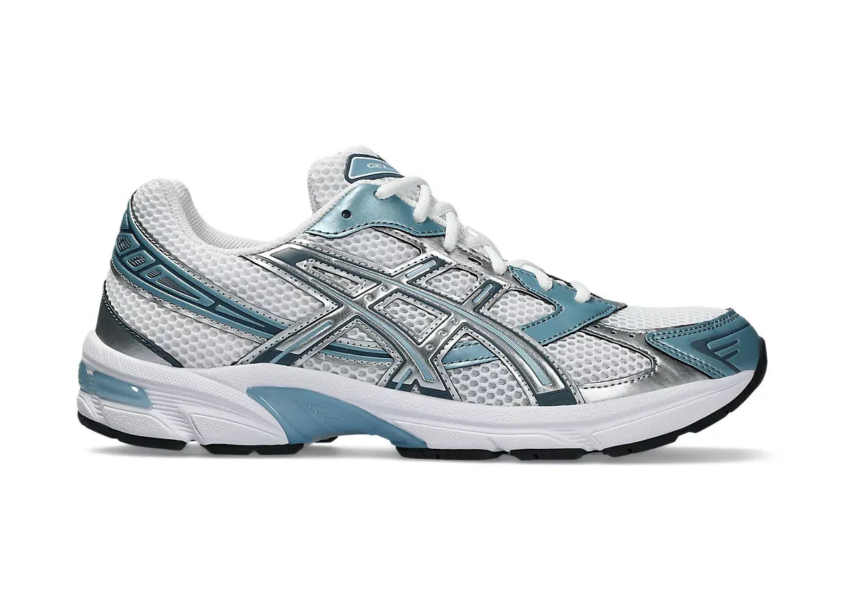 ASICS Gel-1130 White Shark Skin – sneakers lifestyle et sportives avec amorti durable GEL, bleu et blanche avec matière doré, vue de face