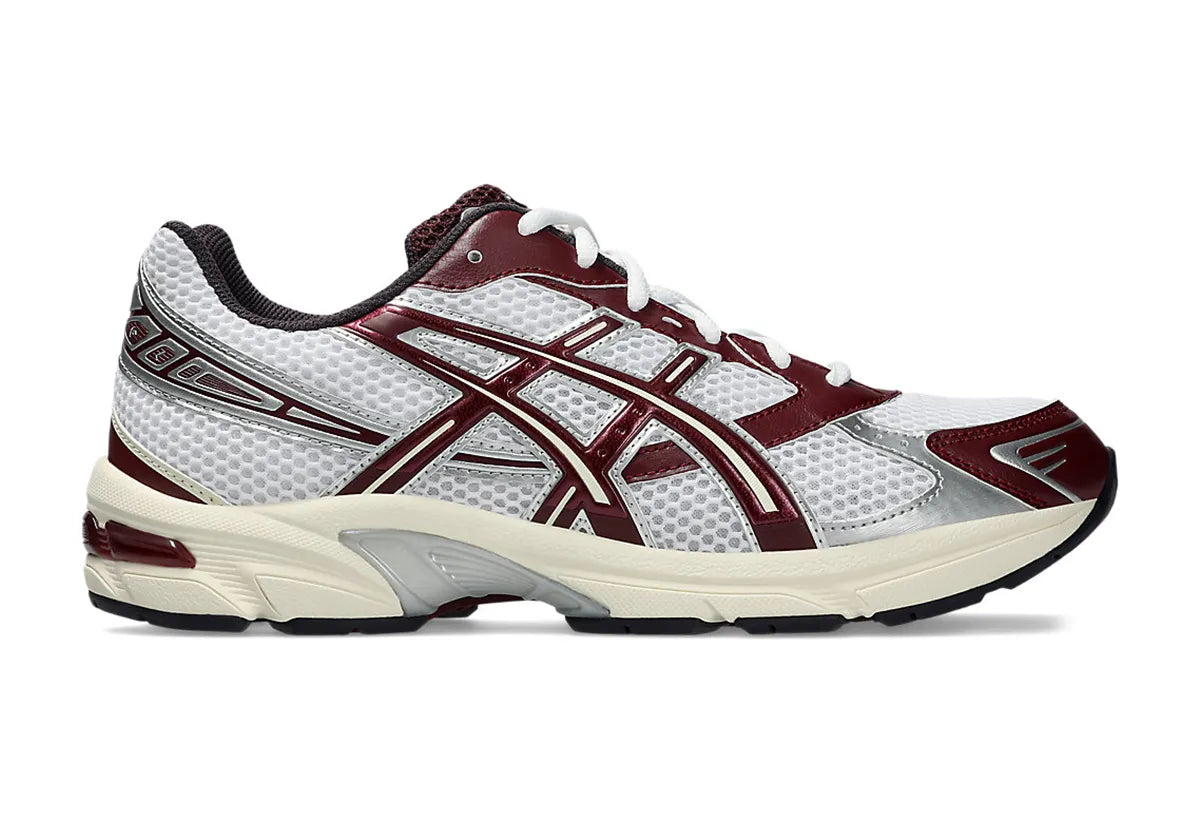 Chaussure running asics gel 1130 blanche et bordeaux, semelle légère et confortable, vue de profil 