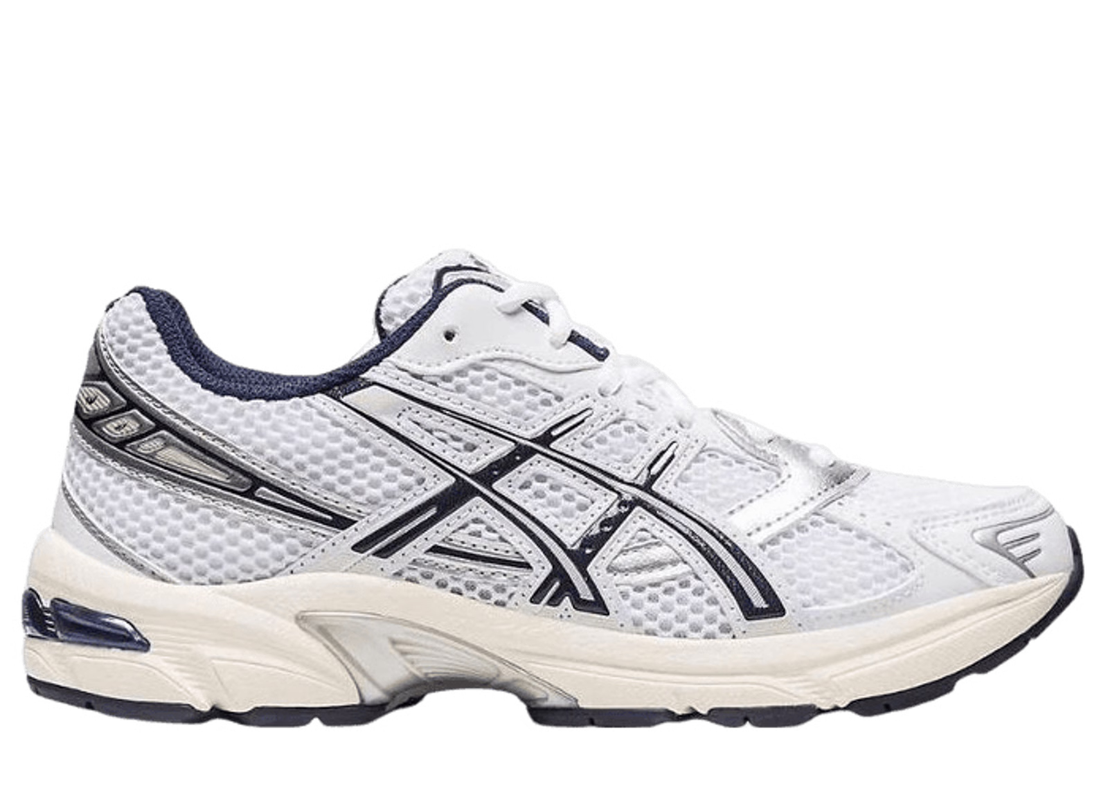 Image de la ASICS GEL-1130 White / Midnight : sneaker blanche avec détails bleu nuit Midnight, tige mesh/cuir, amorti GEL visible. (vue de profil)