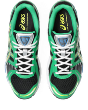 ASICS Gel-Kayano 12.1 Black Cilantro noire et verte avec empeigne en mesh technique, renforts superposés et semelle à technologie GEL. vue du dessus. 
