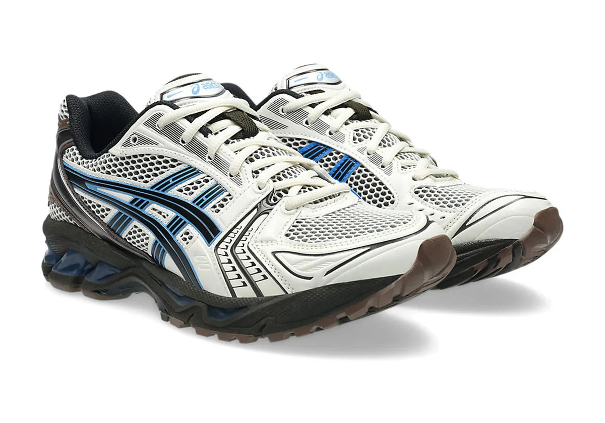 Sneakers ASICS Gel-Kayano 14 Cream et Blue Coast en mesh respirant avec amorti GEL® et semelle FF Blast+ premium.Vue de coté 