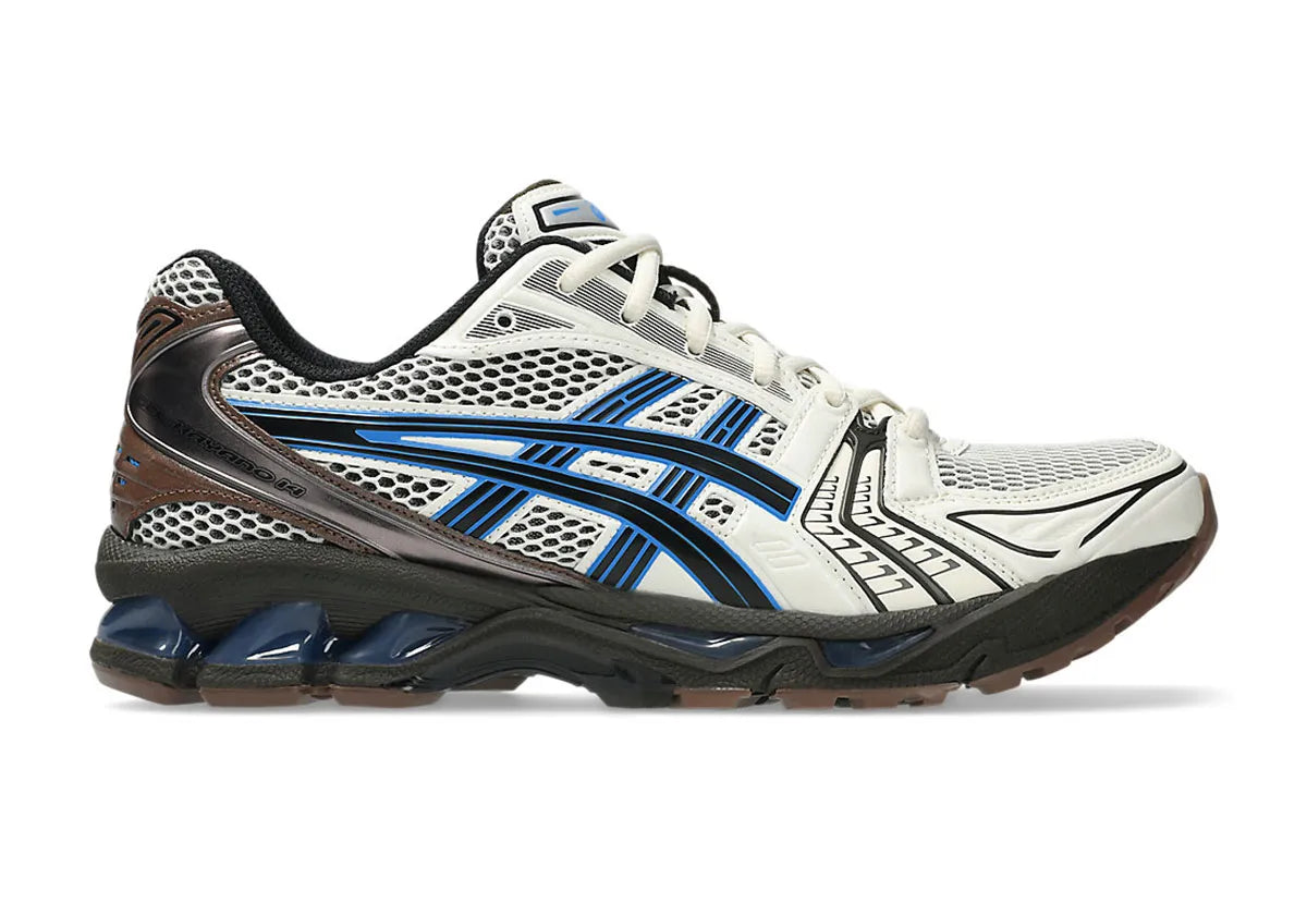 Sneakers ASICS Gel-Kayano 14 Cream et Blue Coast en mesh respirant avec amorti GEL® et semelle FF Blast+ premium.Vue de coté 