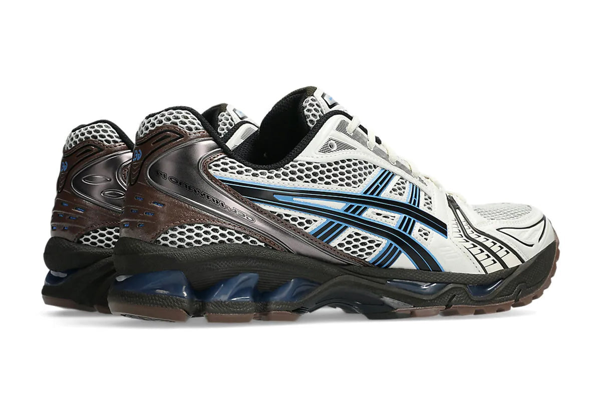 Sneakers ASICS Gel-Kayano 14 Cream et Blue Coast en mesh respirant avec amorti GEL® et semelle FF Blast+ premium.Vue de coté 