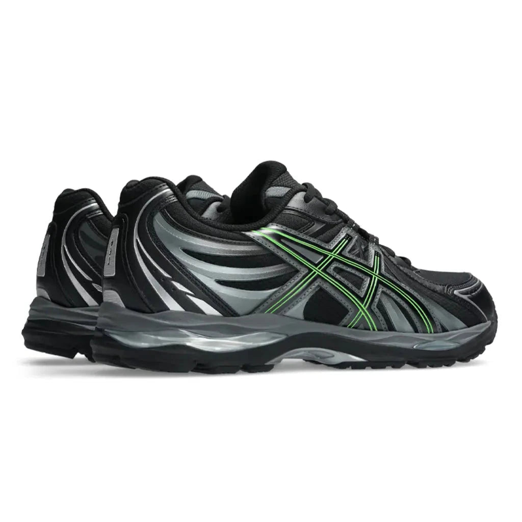 ASICS Gel-Sekiran Black Silver Green en mesh noir avec détails argentés et verts, amorti GEL et silhouette technique contemporaine.