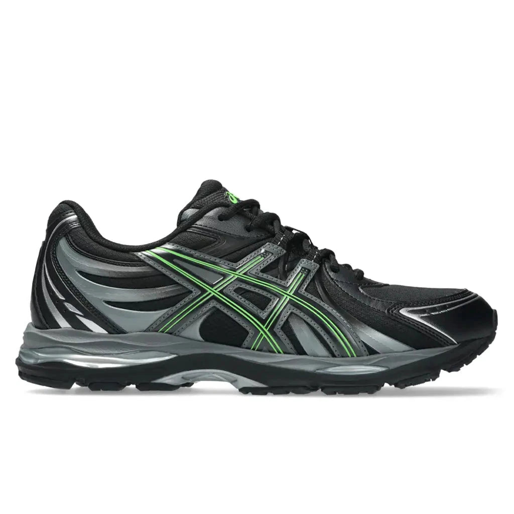ASICS Gel-Sekiran Black Silver Green en mesh noir avec détails argentés et verts, amorti GEL et silhouette technique contemporaine.