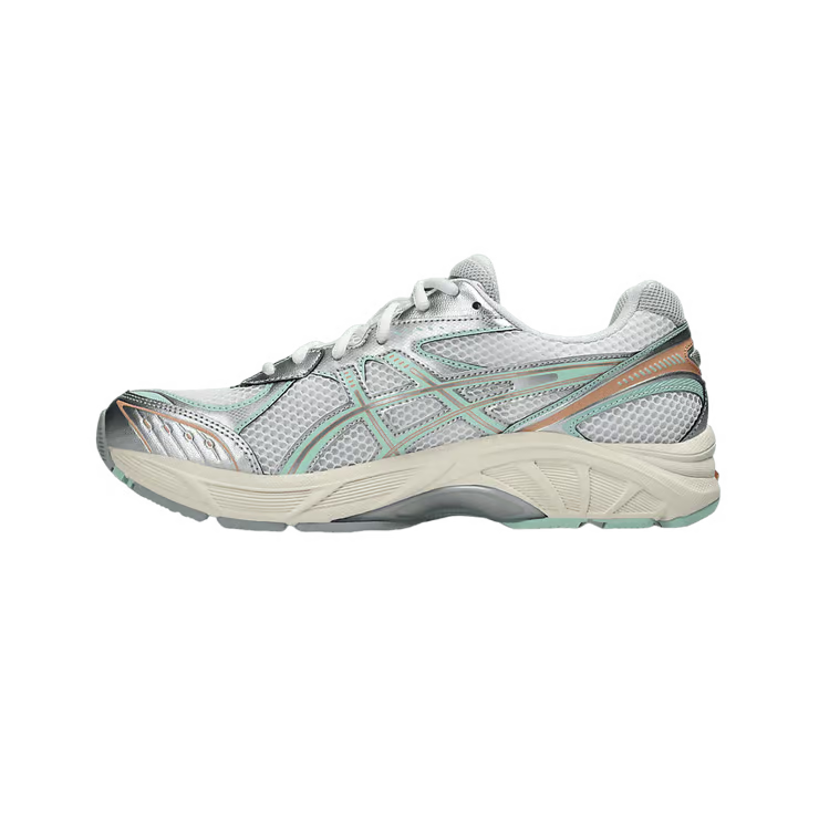 Image de la ASICS GT-2160 Miami Dolphins, sneaker en mesh blanc avec superpositions argentées, accents turquoise et orange, et semelle dotée de la technologie GEL™. (vue de profil intérieur)