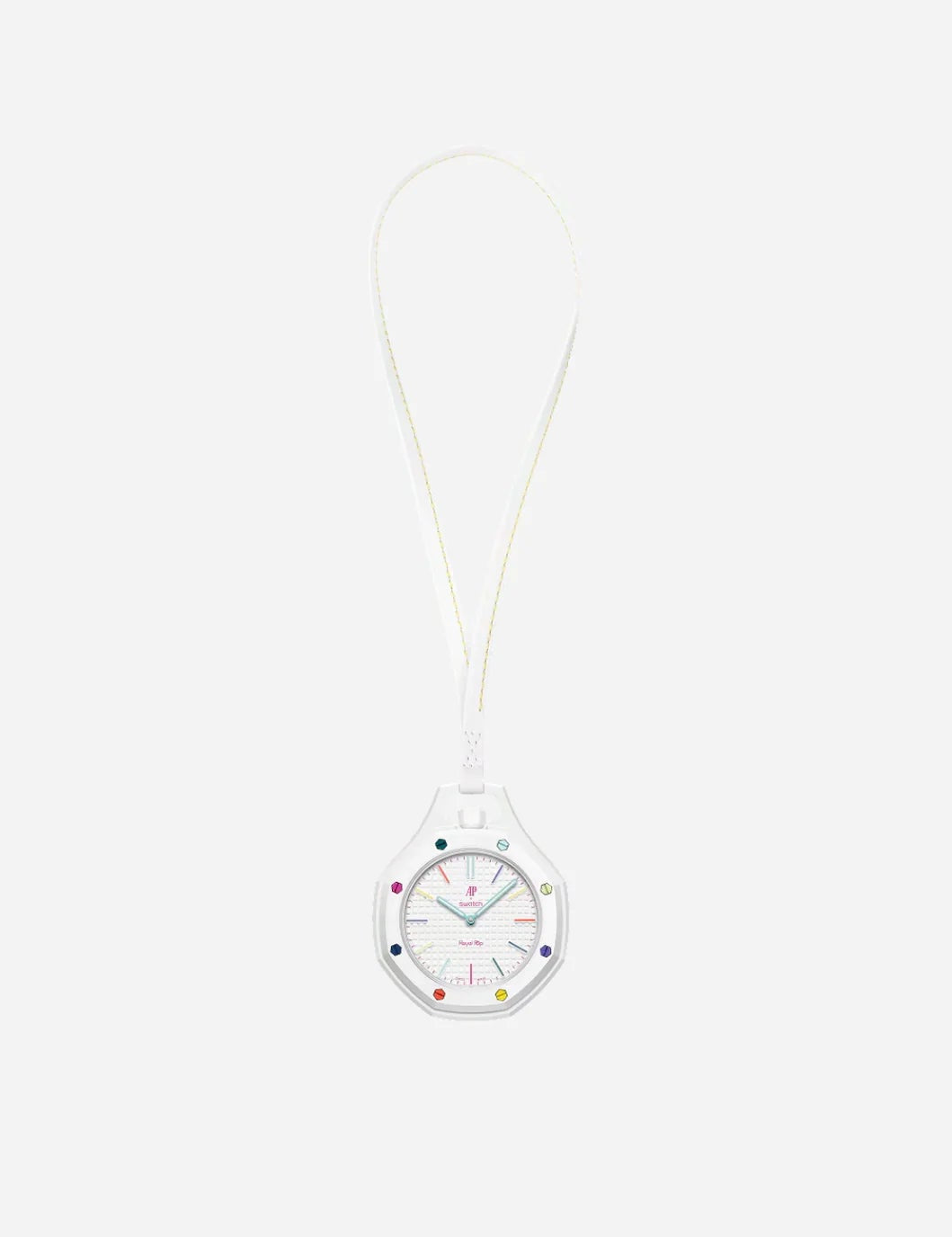 Swatch x Audemars Piguet Royal Pop Huit Blanc SSX03W100N, montre mécanique blanche en Bioceramic avec cadran Petite Tapisserie et lunette octogonale.