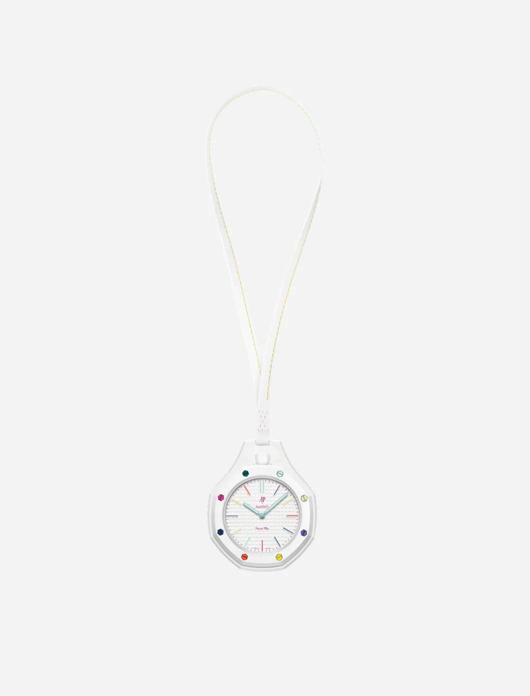 Swatch x Audemars Piguet Royal Pop Huit Blanc SSX03W100N, montre mécanique blanche en Bioceramic avec cadran Petite Tapisserie et lunette octogonale.