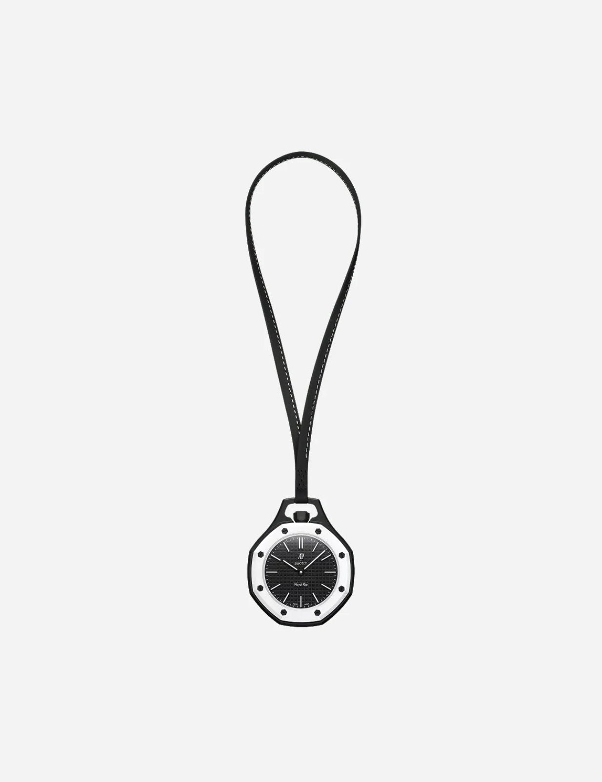 Swatch x Audemars Piguet Royal Pop Ocho Negro SSX03W101N, montre de poche mécanique noire et blanche en Bioceramic avec cadran Tapisserie et lunette octogonale.