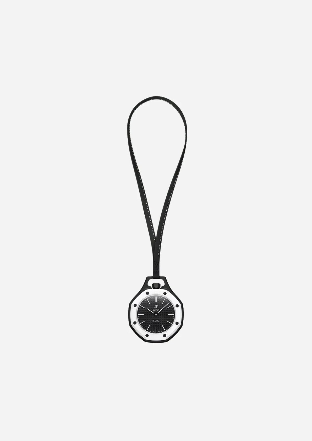 Swatch x Audemars Piguet Royal Pop Ocho Negro SSX03W101N, montre de poche mécanique noire et blanche en Bioceramic avec cadran Tapisserie et lunette octogonale.