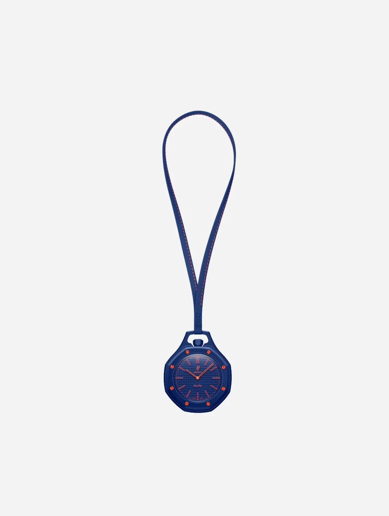Swatch x Audemars Piguet Royal Pop Orenji Hachi SSX03L103N, montre de poche mécanique bleu marine en Bioceramic avec cadran Petite Tapisserie et détails orange.