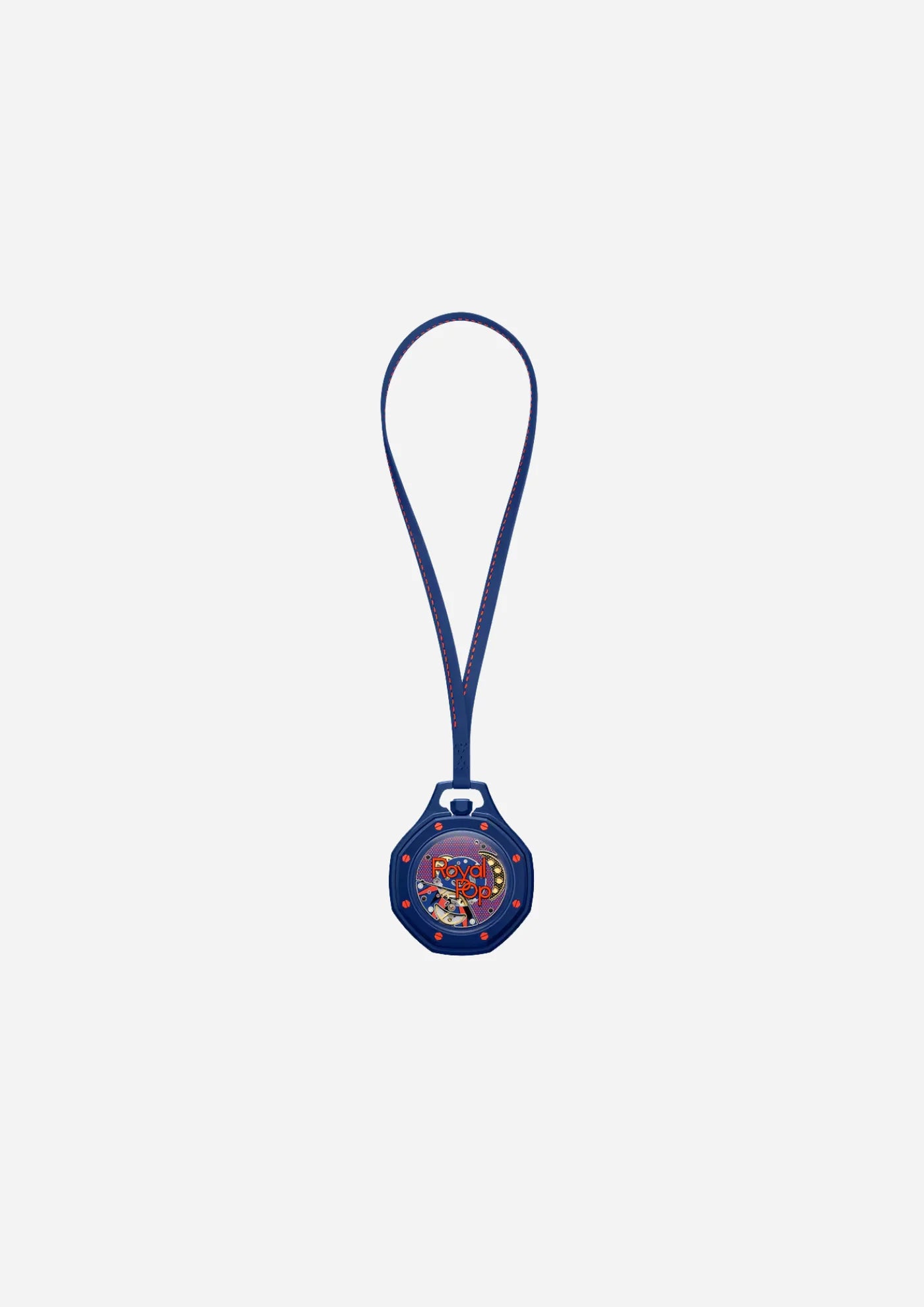 Swatch x Audemars Piguet Royal Pop Orenji Hachi SSX03L103N, montre de poche mécanique bleu marine en Bioceramic avec cadran Petite Tapisserie et détails orange.