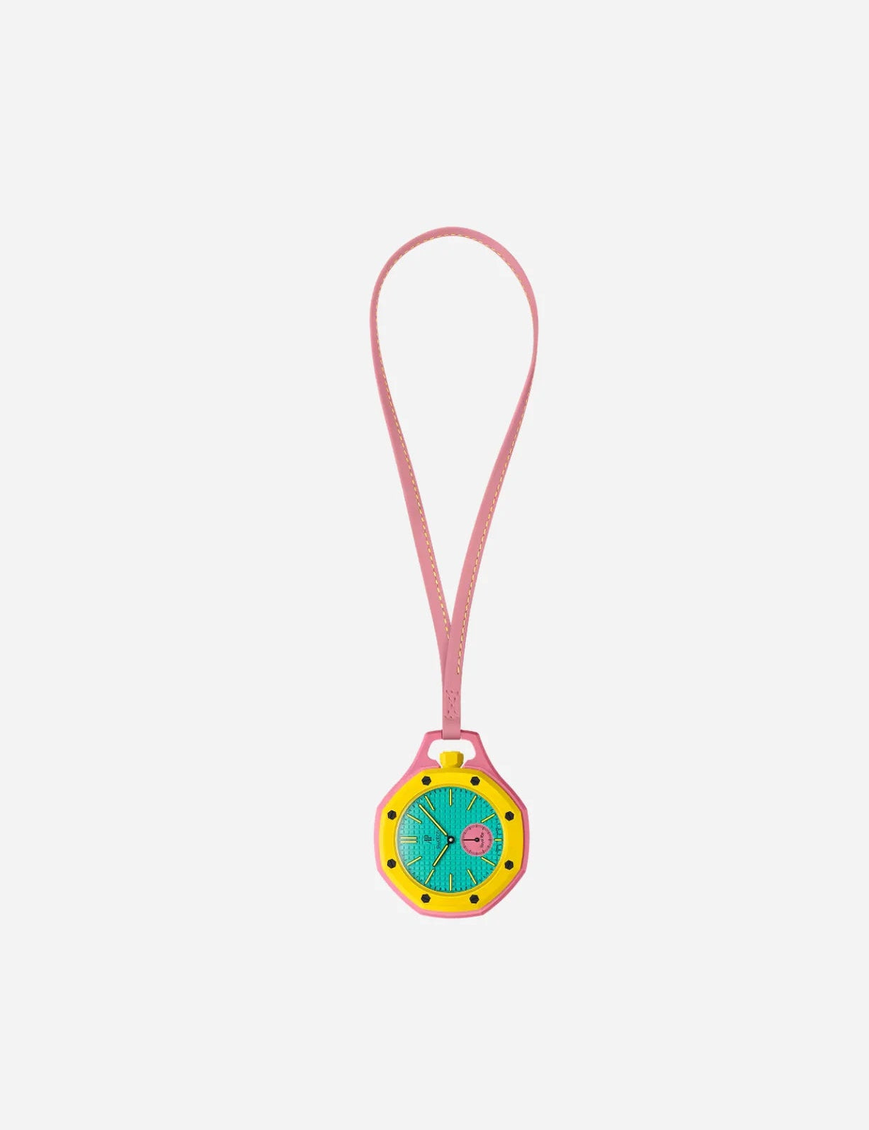 Swatch x Audemars Piguet Royal Pop Savonnette OTG Roz SSX03J100N, montre de poche mécanique en Bioceramic rose avec lunette jaune et cadran bleu-vert Tapisserie.