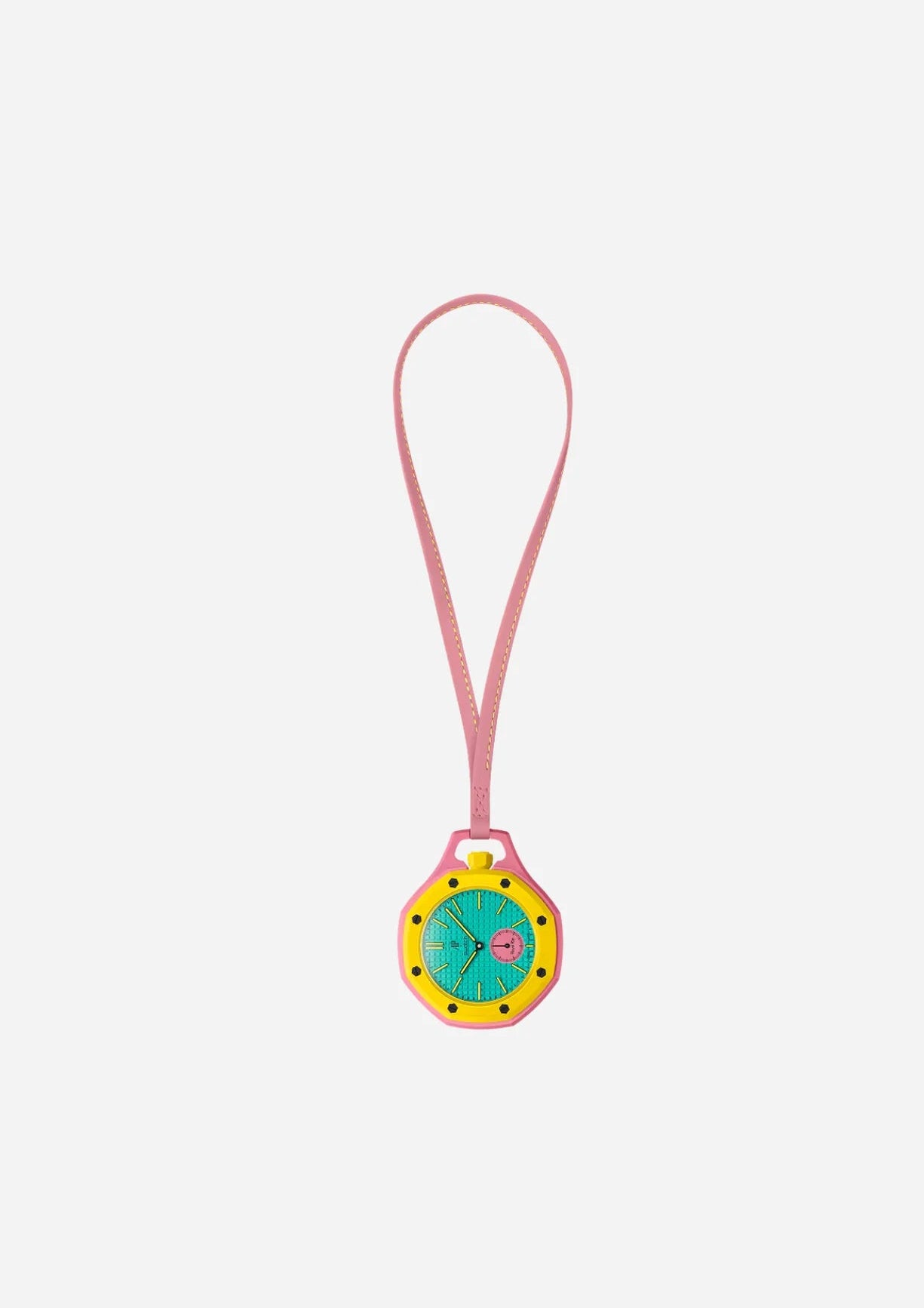 Swatch x Audemars Piguet Royal Pop Savonnette OTG Roz SSX03J100N, montre de poche mécanique en Bioceramic rose avec lunette jaune et cadran bleu-vert Tapisserie.