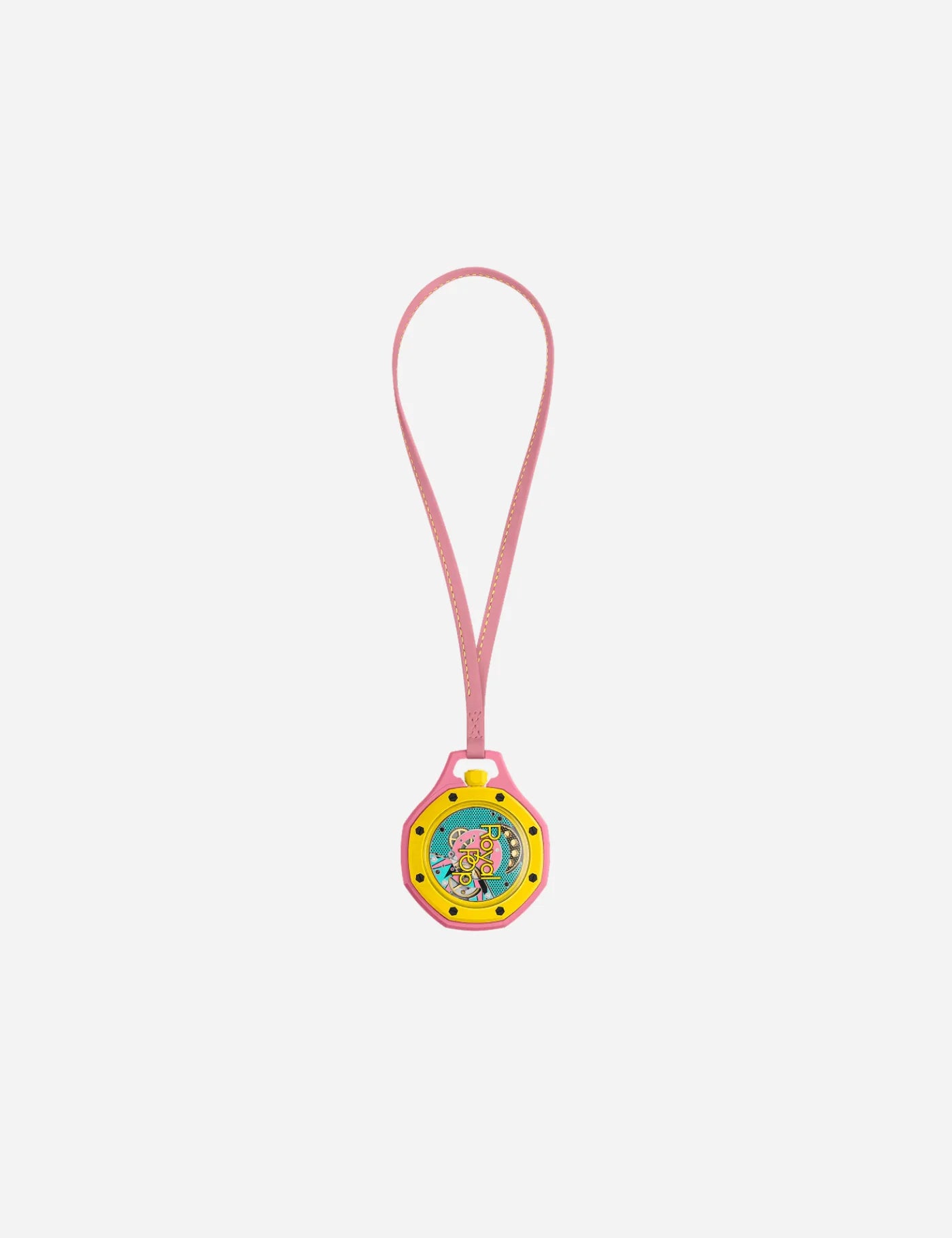 Swatch x Audemars Piguet Royal Pop Savonnette OTG Roz SSX03J100N, montre de poche mécanique en Bioceramic rose avec lunette jaune et cadran bleu-vert Tapisserie.
