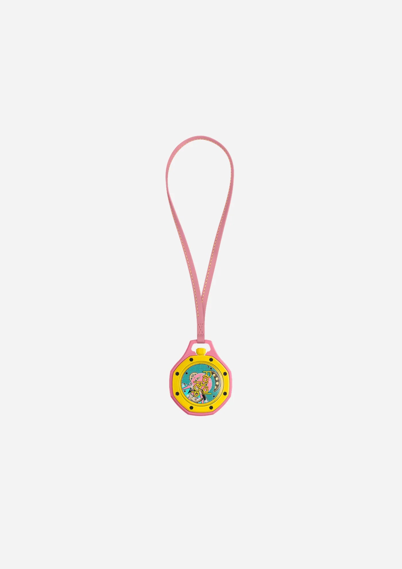 Swatch x Audemars Piguet Royal Pop Savonnette OTG Roz SSX03J100N, montre de poche mécanique en Bioceramic rose avec lunette jaune et cadran bleu-vert Tapisserie.