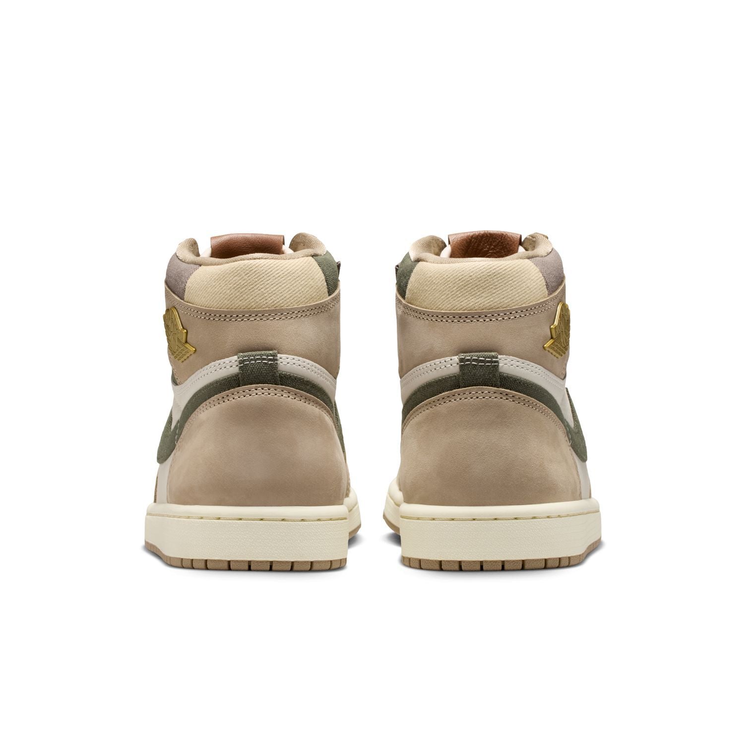 Sneaker Air Jordan 1 Retro High OG Khaki en cuir premium beige et blanc avec logo Wings et semelle Air classique.
