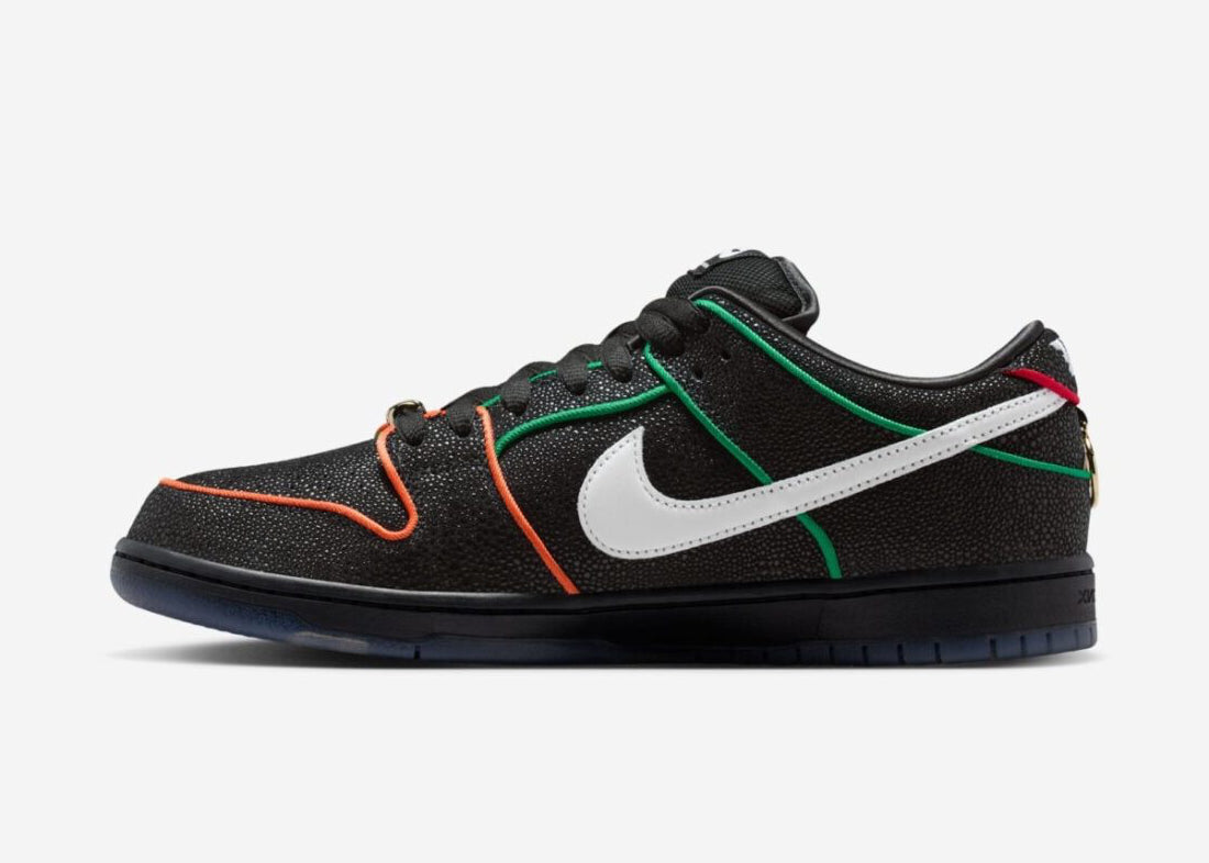 Sneakers Nike SB Dunk Low Bronx Girls Skate en cuir et daim premium, avec détails multicolores vibrants, accents brodés exclusifs et amorti Zoom Air intégré.