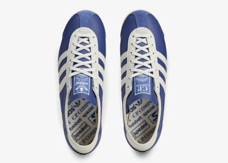Sneakers adidas Italia SPZL C.P. Company Collegiate Royal en matériaux premium avec détails collaboratifs et semelle fine confortable vue de dessus. 