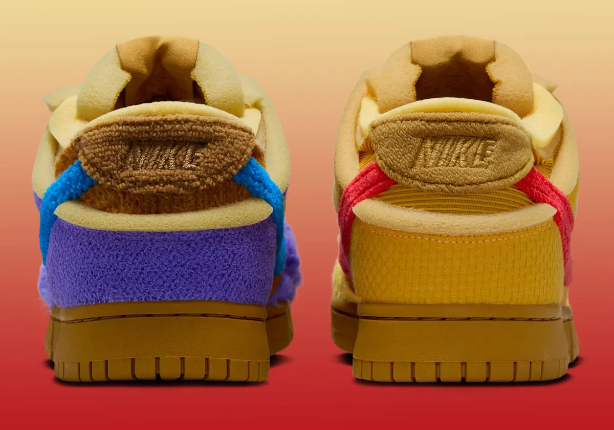 Nike Dunk Low Cactus Plant Flea Market Swamp Sponge Psychic Purple avec tige asymétrique en textile, suède, velours côtelé, tissu éponge et fausse fourrure, détails en mousse apparente et semelle cupsole en caoutchouc.