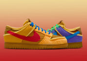 Nike Dunk Low Cactus Plant Flea Market Swamp Sponge Psychic Purple avec tige asymétrique en textile, suède, velours côtelé, tissu éponge et fausse fourrure, détails en mousse apparente et semelle cupsole en caoutchouc.