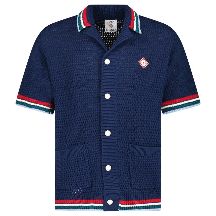 Casablanca Gothic Short Sleeve Crochet Shirt Navy, chemise Casablanca bleu marine à manches courtes avec construction en crochet ajouré et détails Gothic.