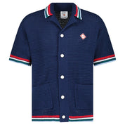 Casablanca Gothic Short Sleeve Crochet Shirt Navy, chemise Casablanca bleu marine à manches courtes avec construction en crochet ajouré et détails Gothic.