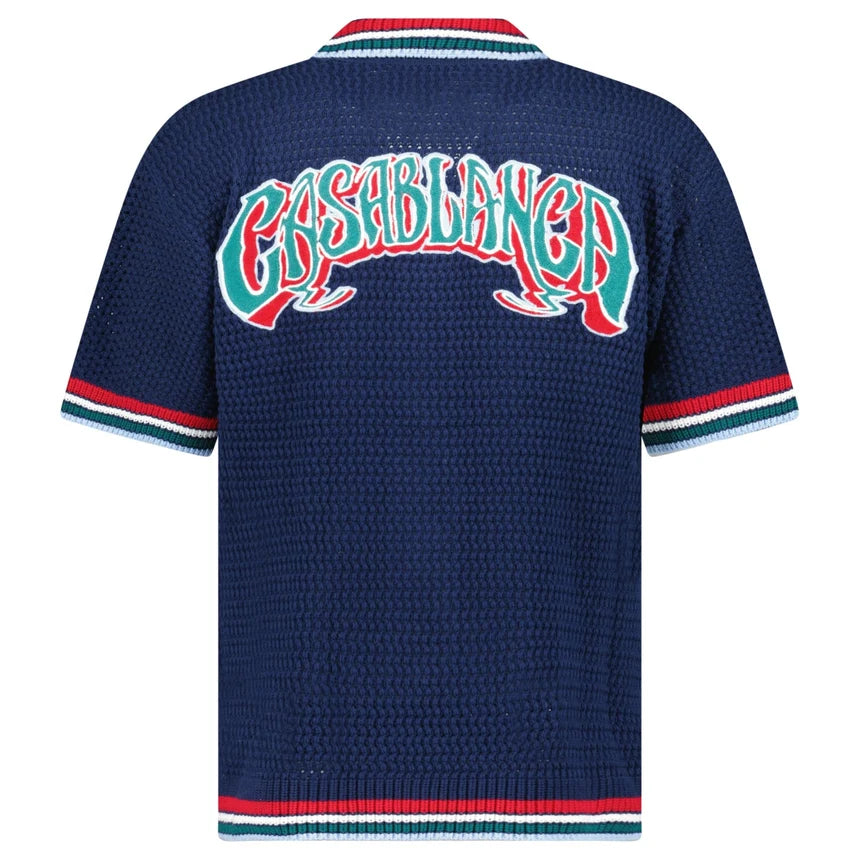 Casablanca Gothic Short Sleeve Crochet Shirt Navy, chemise Casablanca bleu marine à manches courtes avec construction en crochet ajouré et détails Gothic.