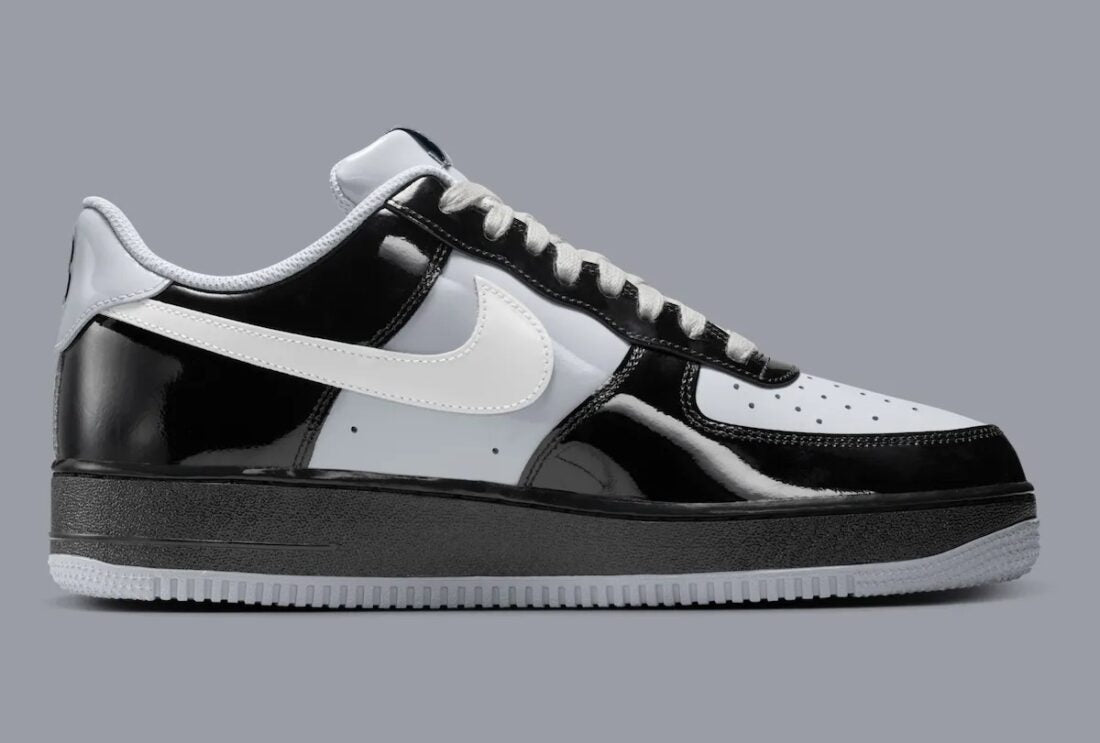 Sneakers Nike Air Force 1 Low en cuir premium, coloris Black White Smoke Grey avec détails Central Cee signature et amorti Air encapsulé.